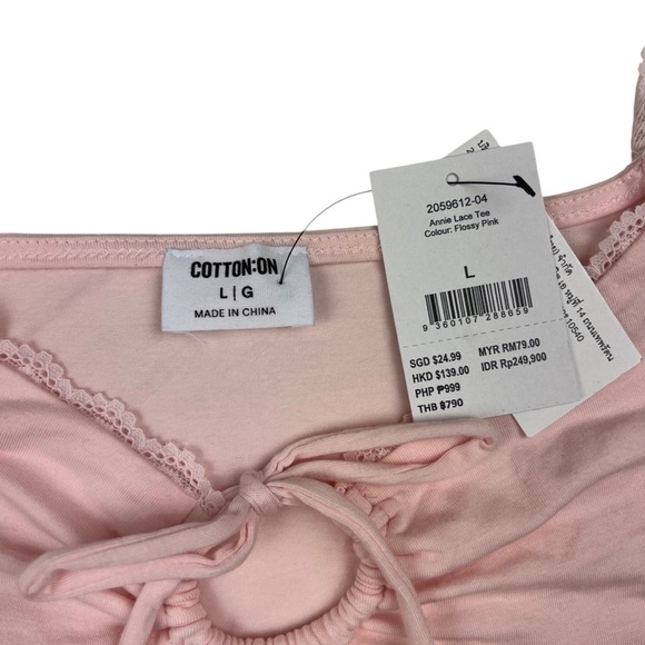 Cotton On Annie Lace Trim Tie Front Bow Baby Pink Tee Top - Size L - Picture 2 of 7